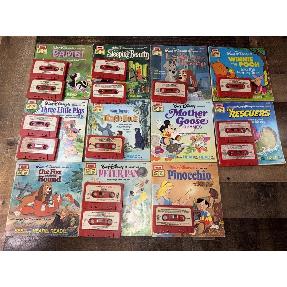 Vintage Disney See Hear Read Along Lot - 11 Story Books & 14 Cassette Tapes Case